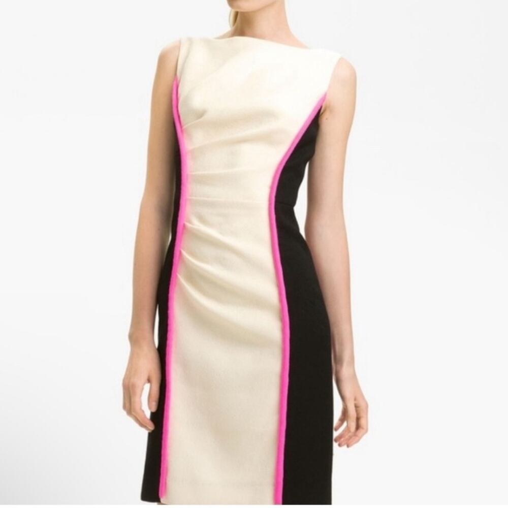 Milly New York Cream and Black Wool Sheath Dress  with Hot Pink Accents